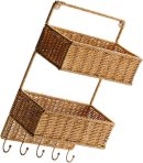 Woven Wall Mount 2-Tier Storage Sorter Basket with 5 Hooks Rattan Hanging Fruit Basket Kitchen Vegetables Organizers for Cutlery Condiment