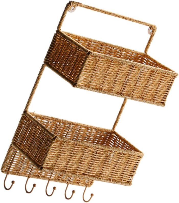 Woven Wall Mount 2-Tier Storage Sorter Basket with 5 Hooks Rattan Hanging Fruit Basket Kitchen Vegetables Organizers for Cutlery Condiment