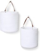 2 Pack Hanging Basket, Small Wall Baskets for Organizing, Wicker Boho Wall Decor Set, Indoor Hanging Plant Holder, Rattan Woven Storage Bin for Home Decor, Farmhouse Storage Box, White