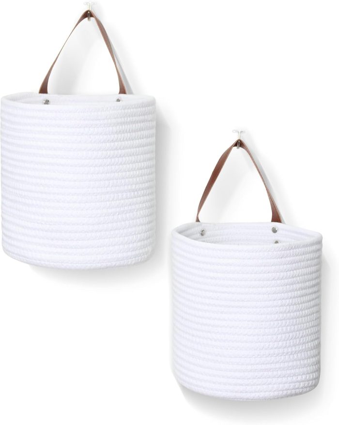 2 Pack Hanging Basket, Small Wall Baskets for Organizing, Wicker Boho Wall Decor Set, Indoor Hanging Plant Holder, Rattan Woven Storage Bin for Home Decor, Farmhouse Storage Box, White