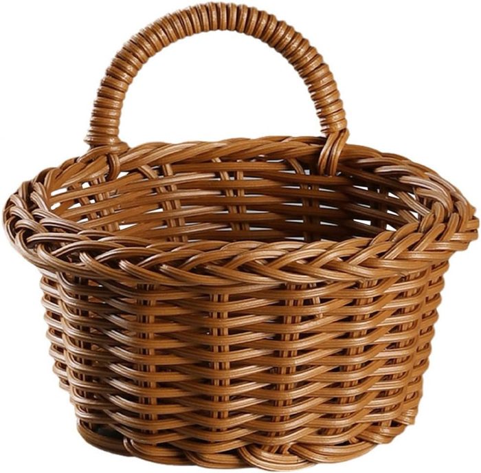 Kitchen Storage Basket Rattan Basket Hanging Rattan Storage Basket Mounted Organizer Garlic Keeper Fruit Vegetable Storage Basket Wall Hanging Plastic Rattan Flower Basket Wicker, medium