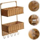 Woven Wall Mount 2-Tier Storage Sorter Basket with 5 Hooks Rattan Hanging Fruit Basket Kitchen Vegetables Organizers for Cutlery Condiment