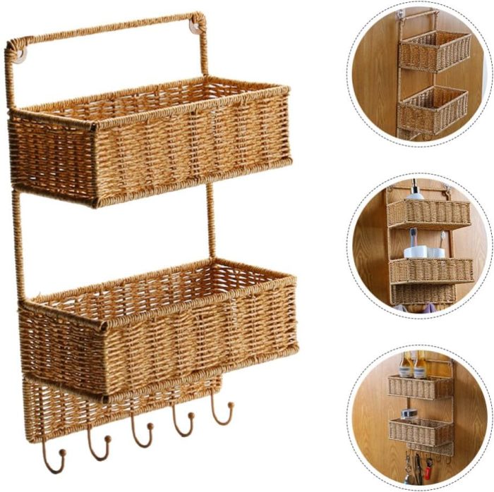 Woven Wall Mount 2-Tier Storage Sorter Basket with 5 Hooks Rattan Hanging Fruit Basket Kitchen Vegetables Organizers for Cutlery Condiment - Image 2