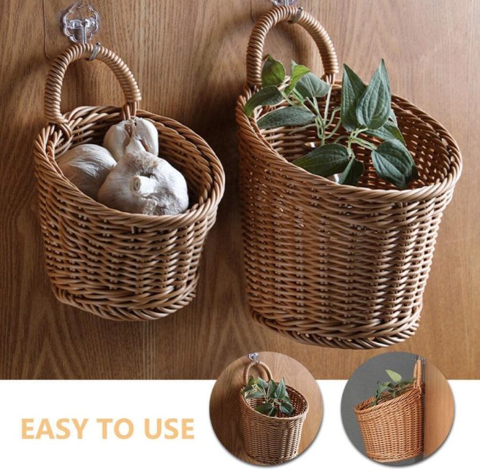 Wall Hanging Onion Basket, 2pcs Wicker Woven Basket Handmade Rattan Basket Fruits and Veggies Storage Basket for Pantry Kitchen Garden - Image 2