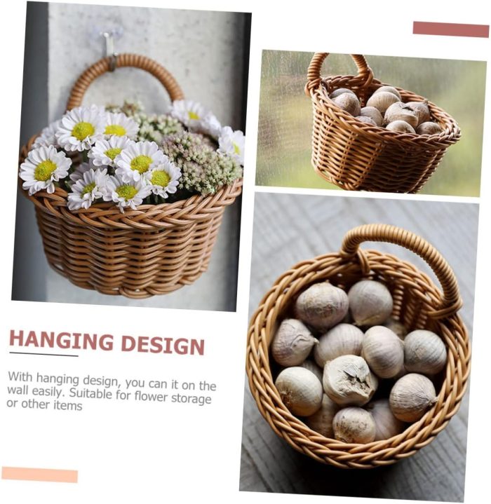 Imitation Rattan Wall-Mounted Flower Basket Light Brown Hanging Storage Basket for Sundries Organizing Decor for Indoor Plants and Home - Image 2
