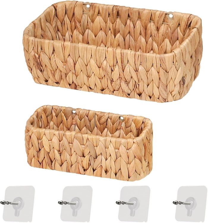 Woven Hanging Wall Baskets for Storage, Water Hyacinth Bathroom Wall Mount Organizer, Wicker Wall Baskets Decor for Letters and Mail, Food Storage Basket, Toilet Tank Basket, Set of 2