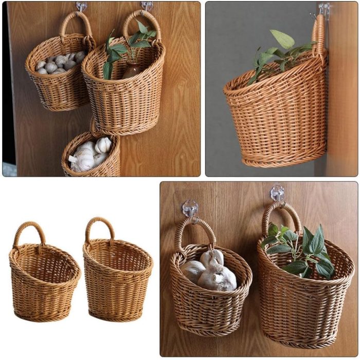 2pcs Hanging Woven Storage Basket Slanted Wall Mounted Flower Planter Pot Rattan Wall Plant Holder Farmhouse Egg Basket for Garlic Fruit - Image 2