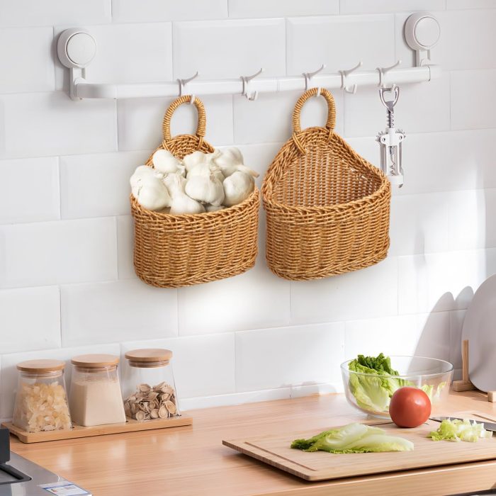 Handwoven Wicker Hanging Storage Basket for Kitchen Rustic Wall Mounted Organizer for Garlic - Image 2