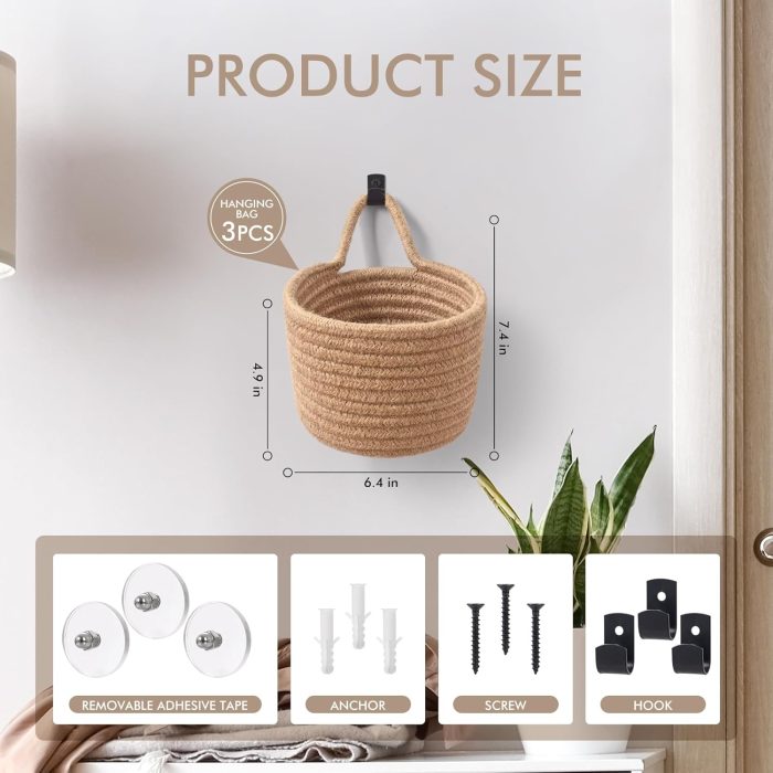 Fabric Wall Hanging Baskets - 3Pack Woven Pouchs Boho Style Wall Mounted Bag with Adhesive Hooks, Storage Organizers and Decoration Pocket Caddy Bins on Door Rack (Linen & Black, Large) - Image 2