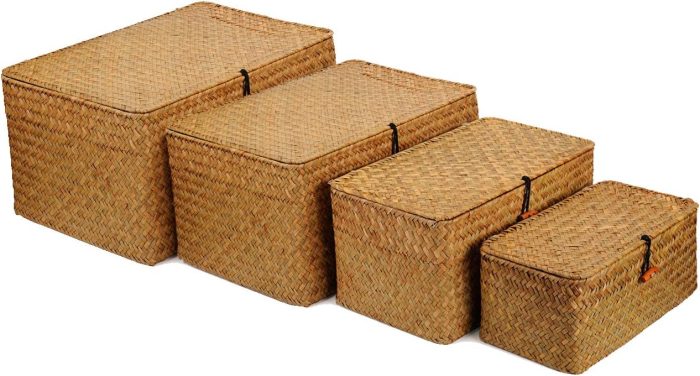 4 Pack, Wicker Baskets with Lids, Nautral Seagrass Storage Baskets, Woven Rectangular Basket Bins, Rattan Storage Organizer for Shelf