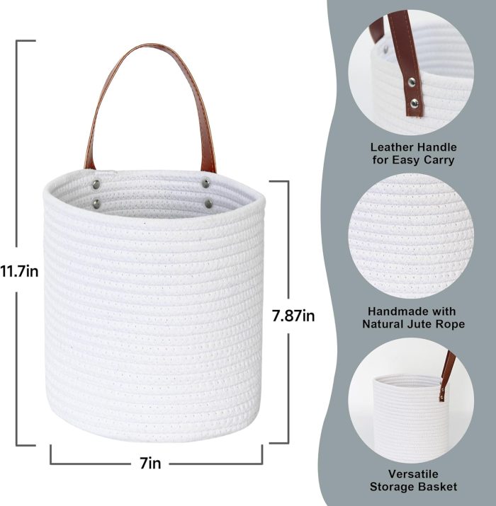 2 Pack Hanging Basket, Small Wall Baskets for Organizing, Wicker Boho Wall Decor Set, Indoor Hanging Plant Holder, Rattan Woven Storage Bin for Home Decor, Farmhouse Storage Box, White - Image 2