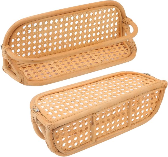 Floating Shelf, Wall Mounted Shelf Storage Organizer Rattan Decorative Shelves Hanging Basket for Shower Kitchen Bathroom Pantry Entryway Storage