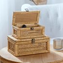 Rattan Decorative Box, Boho Display Boxes with Lids, Set of 2 Rectangular Wicker Storage Basket, Natural Woven Cane Bins for Home Decor (Rectangular)