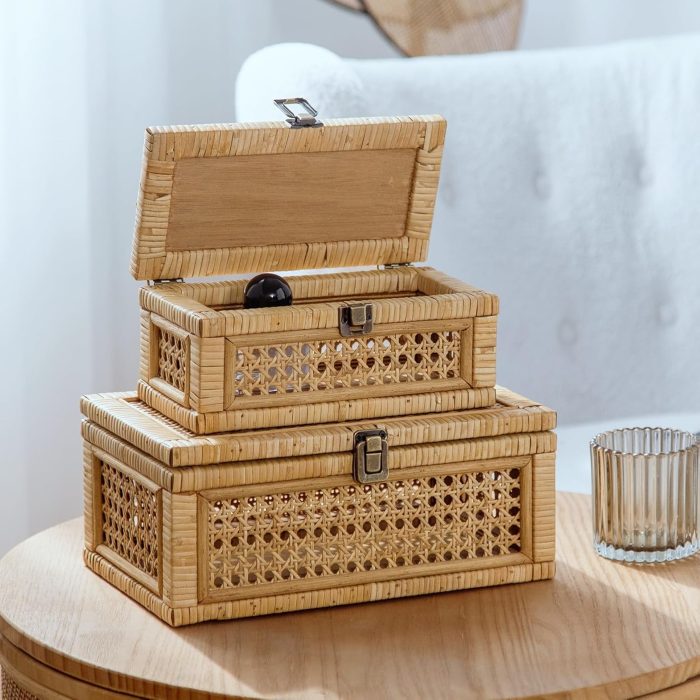 Rattan Decorative Box, Boho Display Boxes with Lids, Set of 2 Rectangular Wicker Storage Basket, Natural Woven Cane Bins for Home Decor (Rectangular)