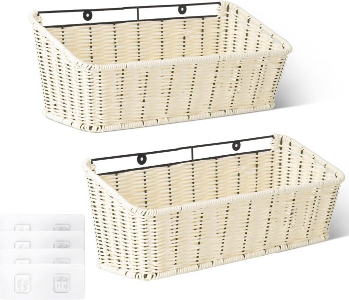 Wicker Hanging Basket, 2 Pack Storage Baskets for Organizing, Adhesive Wall Mount Fruit Basket, Kitchen Organization Hanging Shelves, Storage Cabinet Door Organizer, Off White