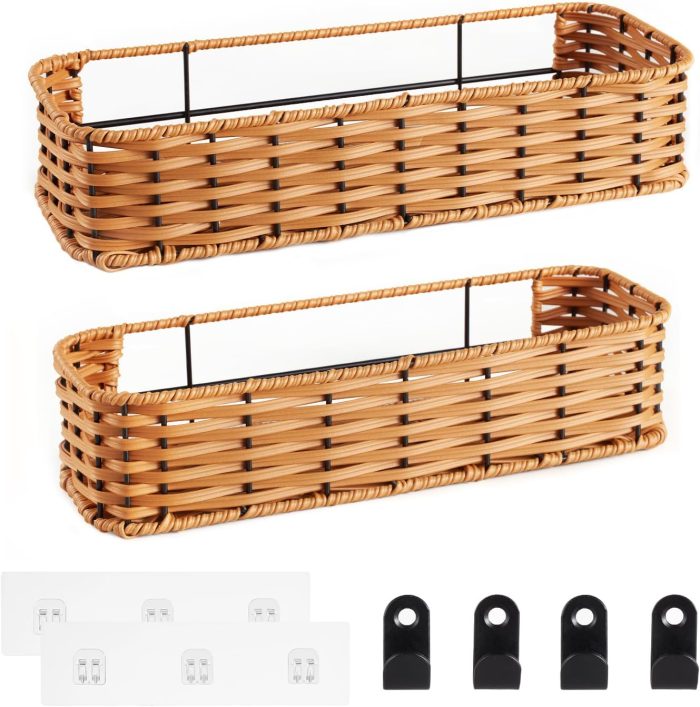 Hanging Wall Basket, Adhesive Wall-Mounted Organizer for Storage, 2-Pack Plastic Wicker Woven Storage Shelves for Kitchen Cabinets, Bathroom, Pantry, Brown Color
