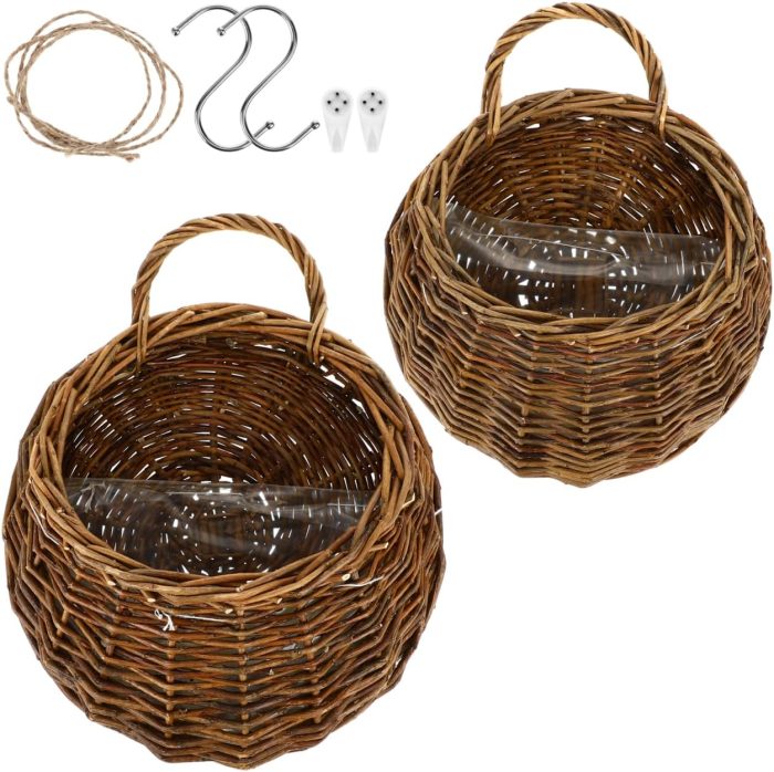 2Pcs Round Hanging Planter Burlap Flower Basket Flower Hanging Basket Wall Hanging Garden Planter Rattan Storage Basket Round for Indoor Outdoor