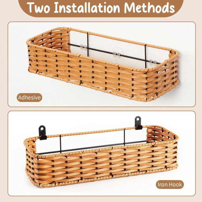Hanging Wall Basket, Adhesive Wall-Mounted Organizer for Storage, 2-Pack Plastic Wicker Woven Storage Shelves for Kitchen Cabinets, Bathroom, Pantry, Brown Color - Image 2
