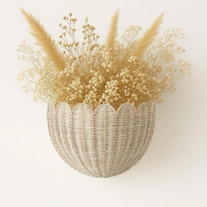 Scalloped Hanging Wicker Baskets for Wall, Scalloped Home Decor, Hanging Woven Rattan Wall Basket for Flowers Front Door Bathroom Storage (Natural) - Image 2