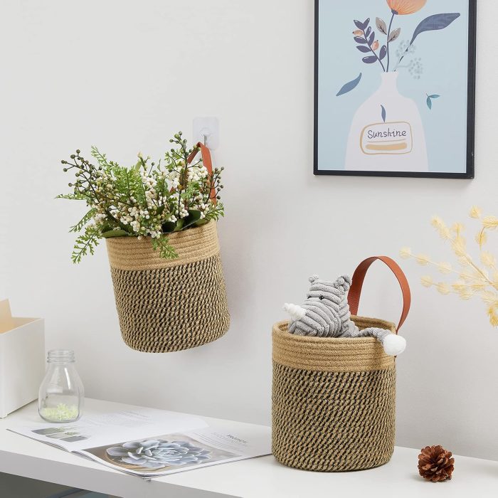 Wall Hanging Storage Baskets 2 Pack 7"(D) x 8"(H), Small Woven Hanging Baskets With Sturdy Leather, Wall Door Hanging Organizer for Plants,Key,Sunglasses,Wallet (Jute&Black) - Image 2