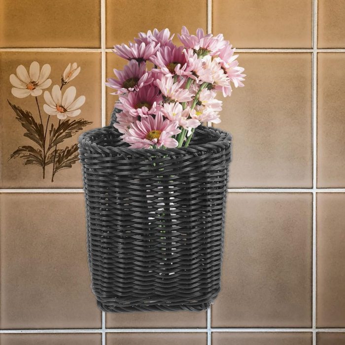 Nordic Style Woven Hanging Wall Basket, Black Plastic Storage Basket for Kitchen, Bathroom, Living Room, 9.05 X 5.90 X 4.72 Inches, Multi-Functional Organizer with Handle - Image 2