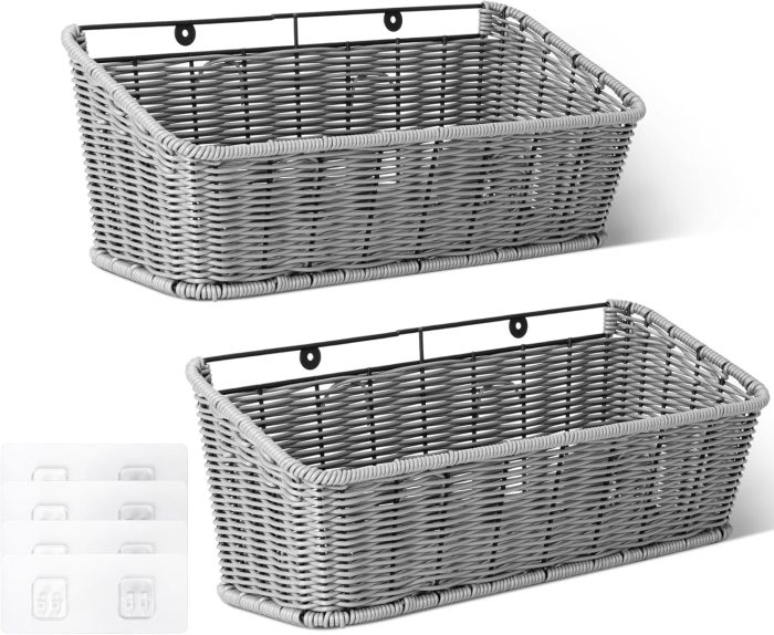 Wicker Hanging Basket, 2 Pack Storage Baskets for Organizing, Adhesive Wall Mount Fruit Basket, Kitchen Organization Hanging Shelves, Storage Cabinet Door Organizer, Off White