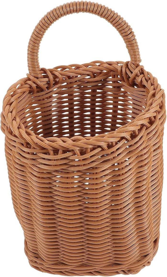 Hanging Basket Door Wall Mounted Kitchen Storage Basket - Mini Wicker Flower Basket Organizer Portable Fruit Vegetable Rattan Basket 5x3.5x9 Inch