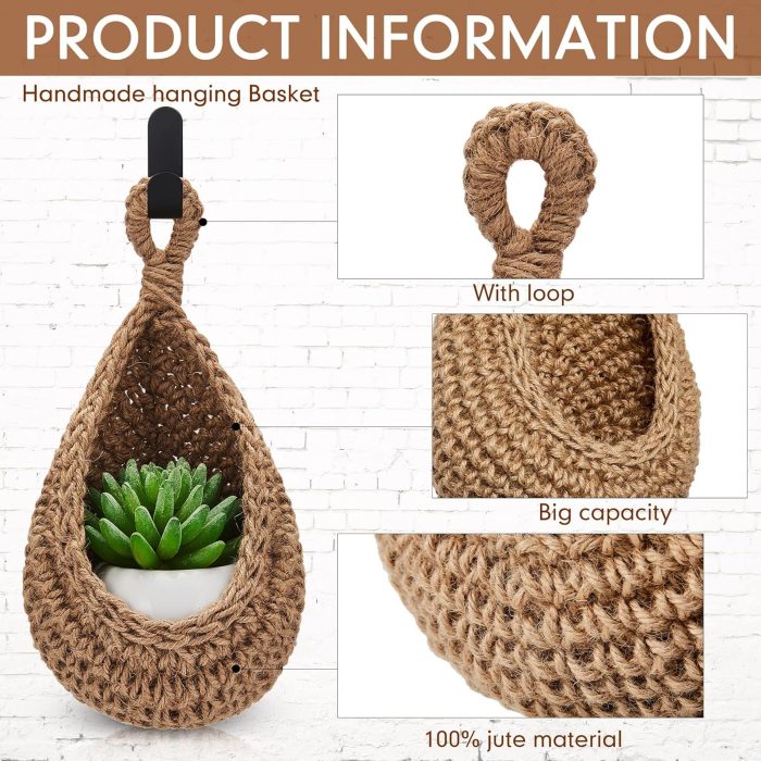 Hanging Wall Basket Teardrop Hanging Baskets Onion Basket Coat Bohemian Storage Fruit Wall Hooks for Kitchen Wall Home Restaurant Storage Vegetable, 3 Sizes(Linen) - Image 2