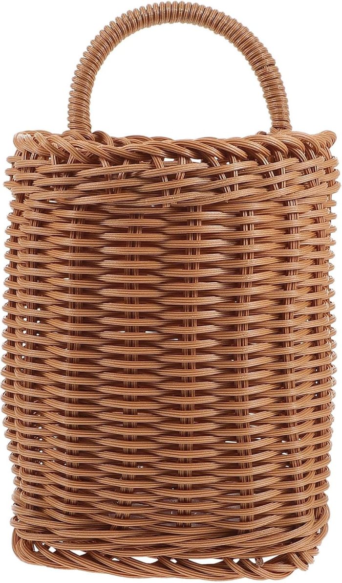 Sundries Retro Hanging Rattan Wall Basket Handwoven Wood Storage Basket Portable Wall Hanging Flower Basket Organizer Fruit Vegetable Rattan Box Home Decoration Front Door Basket