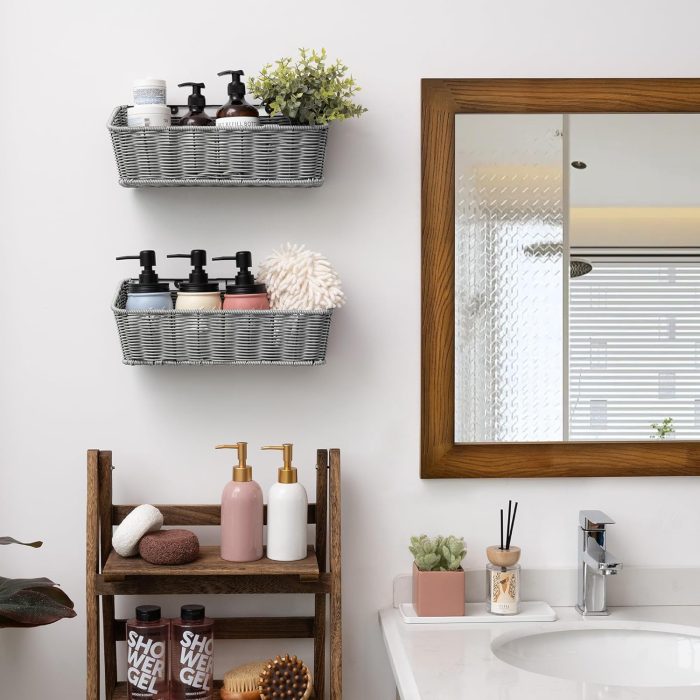 Wicker Hanging Basket, 2 Pack Storage Baskets for Organizing, Adhesive Wall Mount Fruit Basket, Kitchen Organization Hanging Shelves, Storage Cabinet Door Organizer, Off White - Image 2
