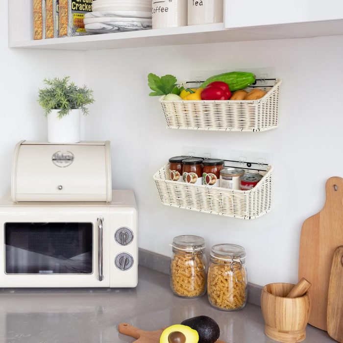 Wicker Hanging Basket, 2 Pack Storage Baskets for Organizing, Adhesive Wall Mount Fruit Basket, Kitchen Organization Hanging Shelves, Storage Cabinet Door Organizer, Off White - Image 2