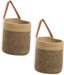 Wall Hanging Storage Baskets 2 Pack 7"(D) x 8"(H), Small Woven Hanging Baskets With Sturdy Leather, Wall Door Hanging Organizer for Plants,Key,Sunglasses,Wallet (Jute&Black)