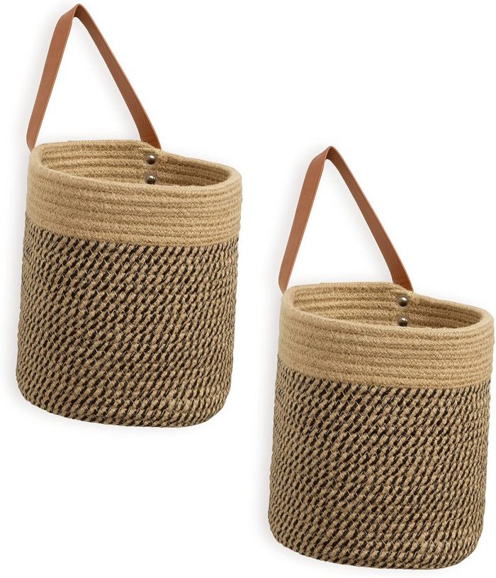 Wall Hanging Storage Baskets 2 Pack 7"(D) x 8"(H), Small Woven Hanging Baskets With Sturdy Leather, Wall Door Hanging Organizer for Plants,Key,Sunglasses,Wallet (Jute&Black)