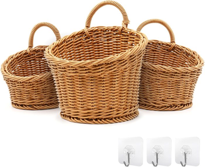 3 Pack Woven Storage Basket, Boho Wall Hanging Basket, Retro Farmhouse Decor, Plastic Hanging Fruit Basket For Organizing With Handle, Boho Room Decor, Bathroom, Door, Kitchen, Plants, Flowers