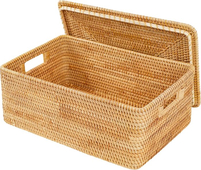 Rattan Basket With Lid,Large Storage Basket Lidded,Rattan Box For Shelf (16.5" L×12.6"W×7"H)