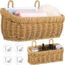 2 Pcs Woven Hanging Wall Baskets for Storage Boho Style Hanging Storage Plastic Woven Baskets with 4 Hooks for Kitchen Garden Living Room(Light Brown,Imitation Rattan Plastic)