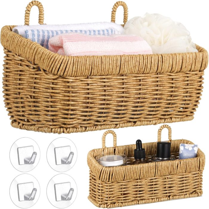 2 Pcs Woven Hanging Wall Baskets for Storage Boho Style Hanging Storage Plastic Woven Baskets with 4 Hooks for Kitchen Garden Living Room(Light Brown,Imitation Rattan Plastic)