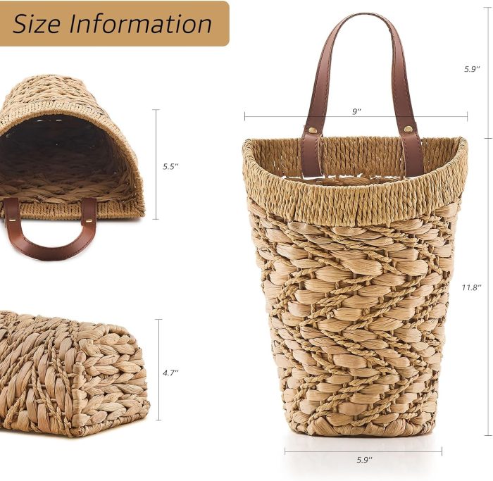 Handwoven Front Door Basket Water Hyacinth Wall Hanging Basket Decorative Boho Mounted Organizer for Dried Flower Plants Storage Basket for Garden, Home, and Farmhouse Décor - Image 2