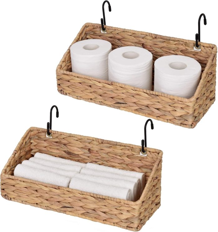 Woven Wall Baskets for Storage, Water Hyacinth Baskets for Shelf, Wall Storage for Kitchen and Bathroom, Hanging Baskets for Organizing, 2 Pack