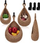Hanging Wall Basket Teardrop Hanging Baskets Onion Basket Coat Bohemian Storage Fruit Wall Hooks for Kitchen Wall Home Restaurant Storage Vegetable, 3 Sizes(Linen)