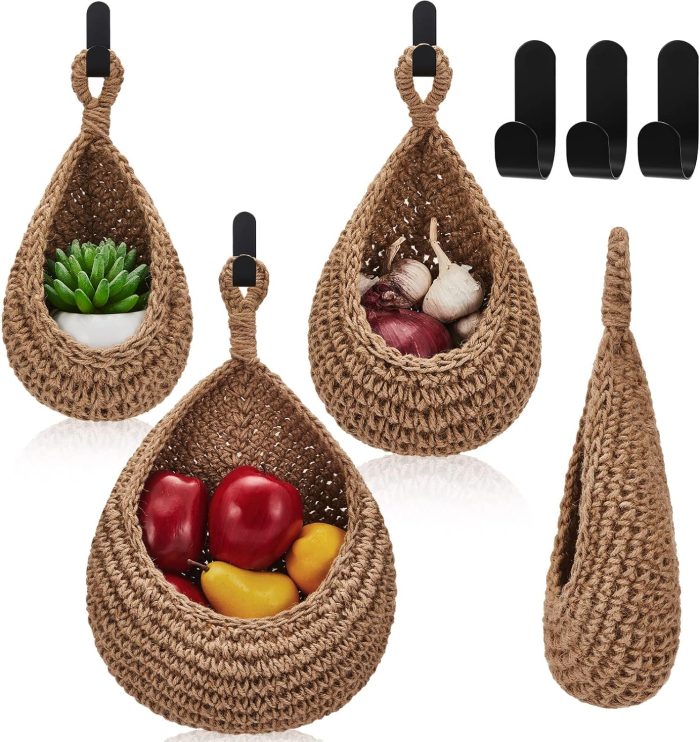Hanging Wall Basket Teardrop Hanging Baskets Onion Basket Coat Bohemian Storage Fruit Wall Hooks for Kitchen Wall Home Restaurant Storage Vegetable, 3 Sizes(Linen)