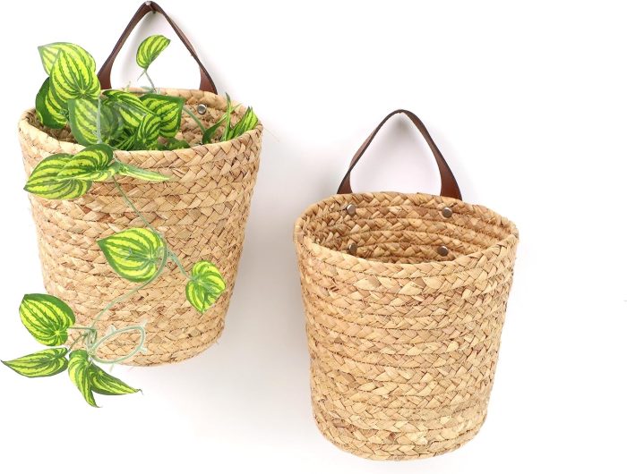 Water Hyacinth Hanging Storage Baskets 2 Pack Woven Wall Hanging Baskets for Organizing Flower Plants Boho Decor 7" x 7"