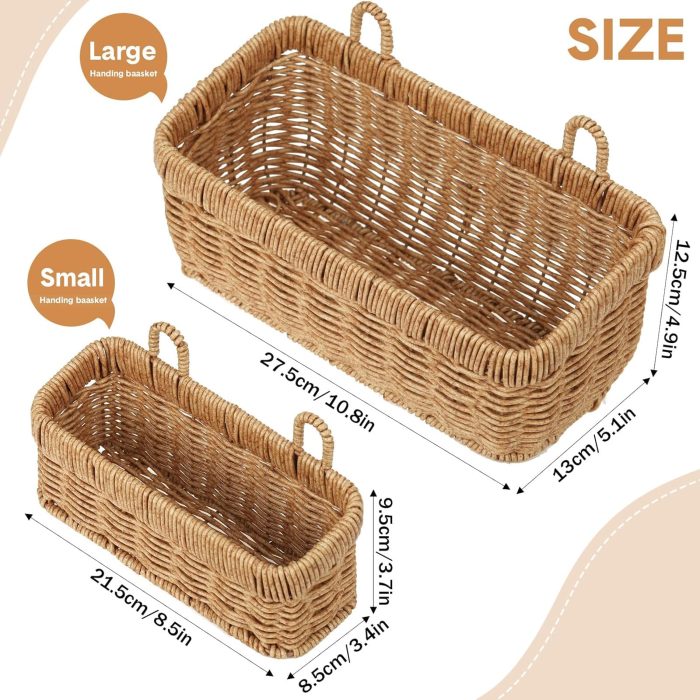 2 Pcs Woven Hanging Wall Baskets for Storage Boho Style Hanging Storage Plastic Woven Baskets with 4 Hooks for Kitchen Garden Living Room(Light Brown,Imitation Rattan Plastic) - Image 2