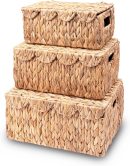 Scalloped Edge Wicker Basket with Lid, Rectangle Wicker Storage Basket with Built-in Handles, Multipurpose Organizer Rattan Display Boxes for Shelf, Nursery Room, Set of 3