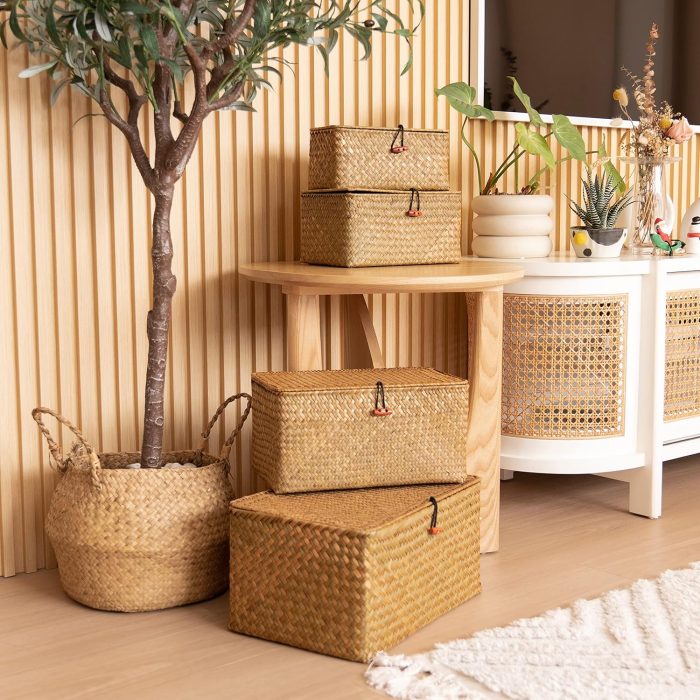 4 Pack, Wicker Baskets with Lids, Nautral Seagrass Storage Baskets, Woven Rectangular Basket Bins, Rattan Storage Organizer for Shelf - Image 2