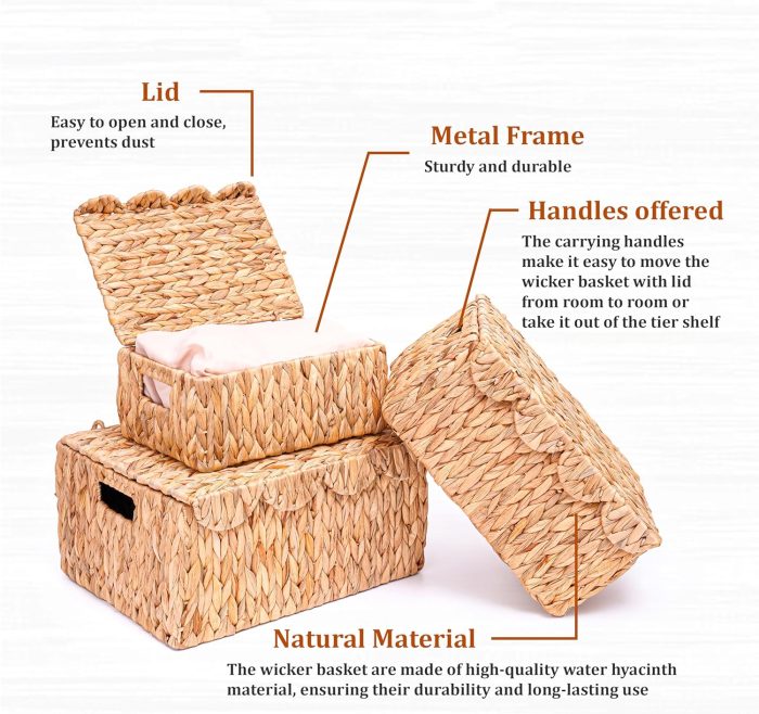 Scalloped Edge Wicker Basket with Lid, Rectangle Wicker Storage Basket with Built-in Handles, Multipurpose Organizer Rattan Display Boxes for Shelf, Nursery Room, Set of 3 - Image 2